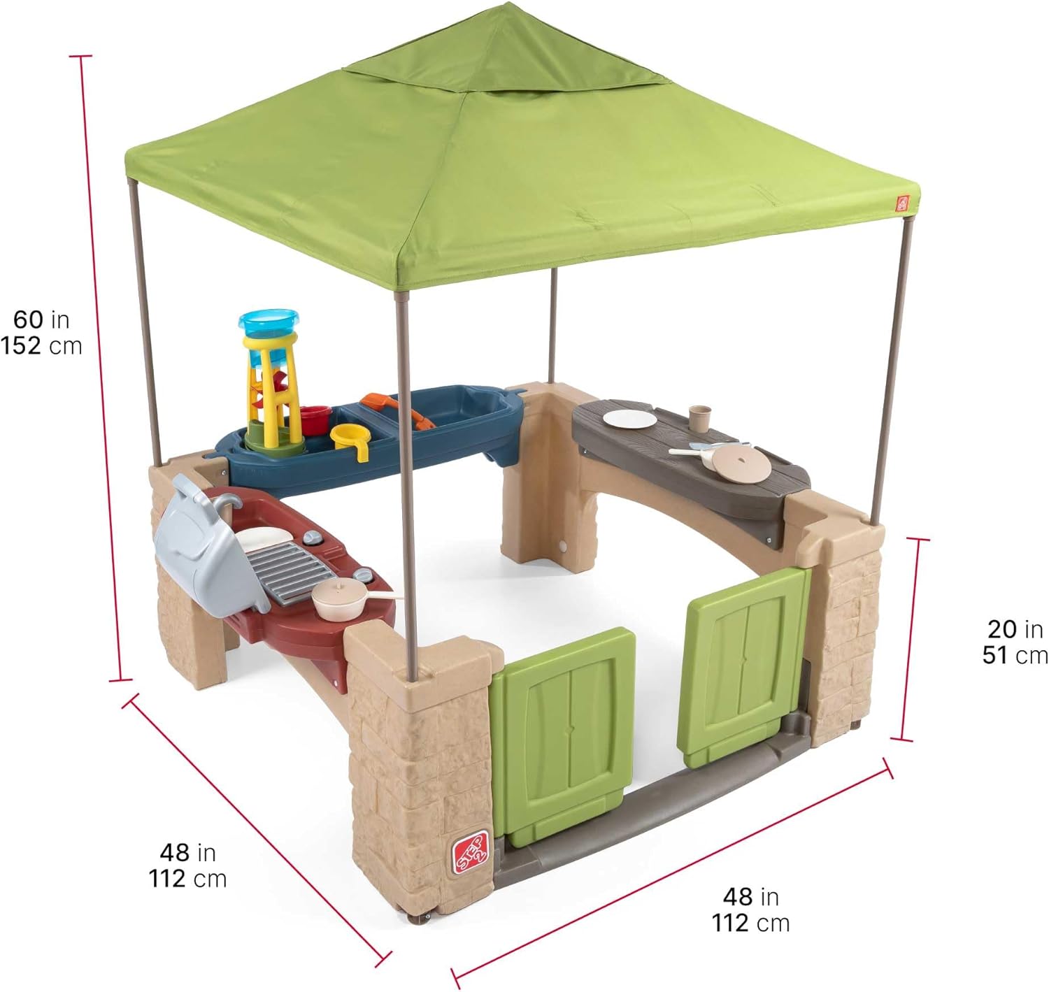 Beige outdoor playhouse with canopy shade, interactive play features, and space for multiple toddlers — view 3a