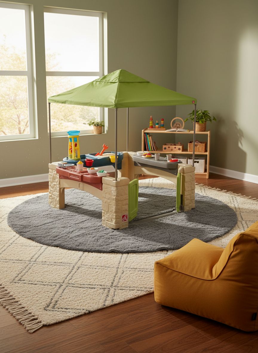 Beige outdoor playhouse with canopy shade, interactive play features, and space for multiple toddlers — view 4