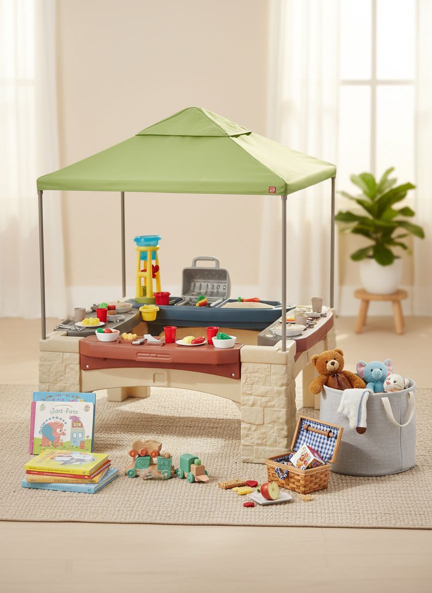 Beige outdoor playhouse with canopy shade, interactive play features, and space for multiple toddlers — view 5a