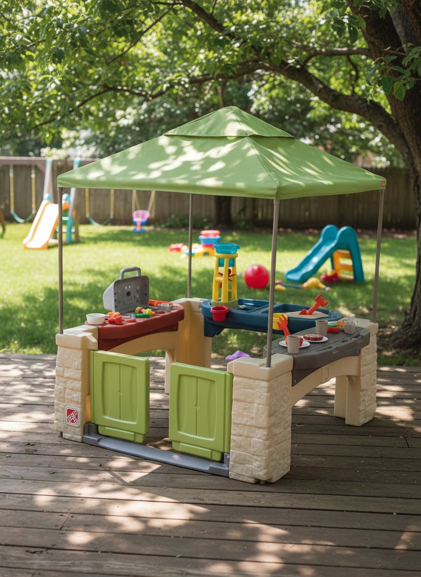 Beige outdoor playhouse with canopy shade, interactive play features, and space for multiple toddlers — view 6
