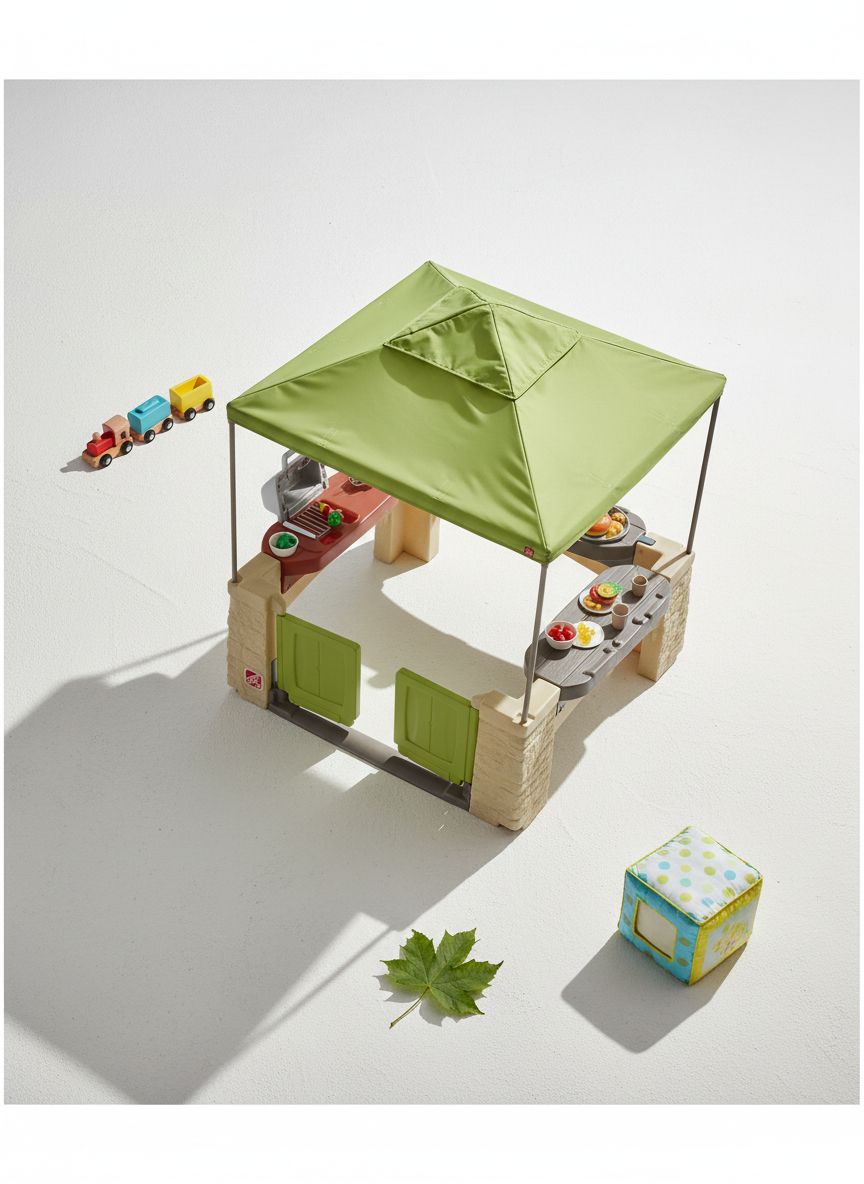 Beige outdoor playhouse with canopy shade, interactive play features, and space for multiple toddlers — view 7a