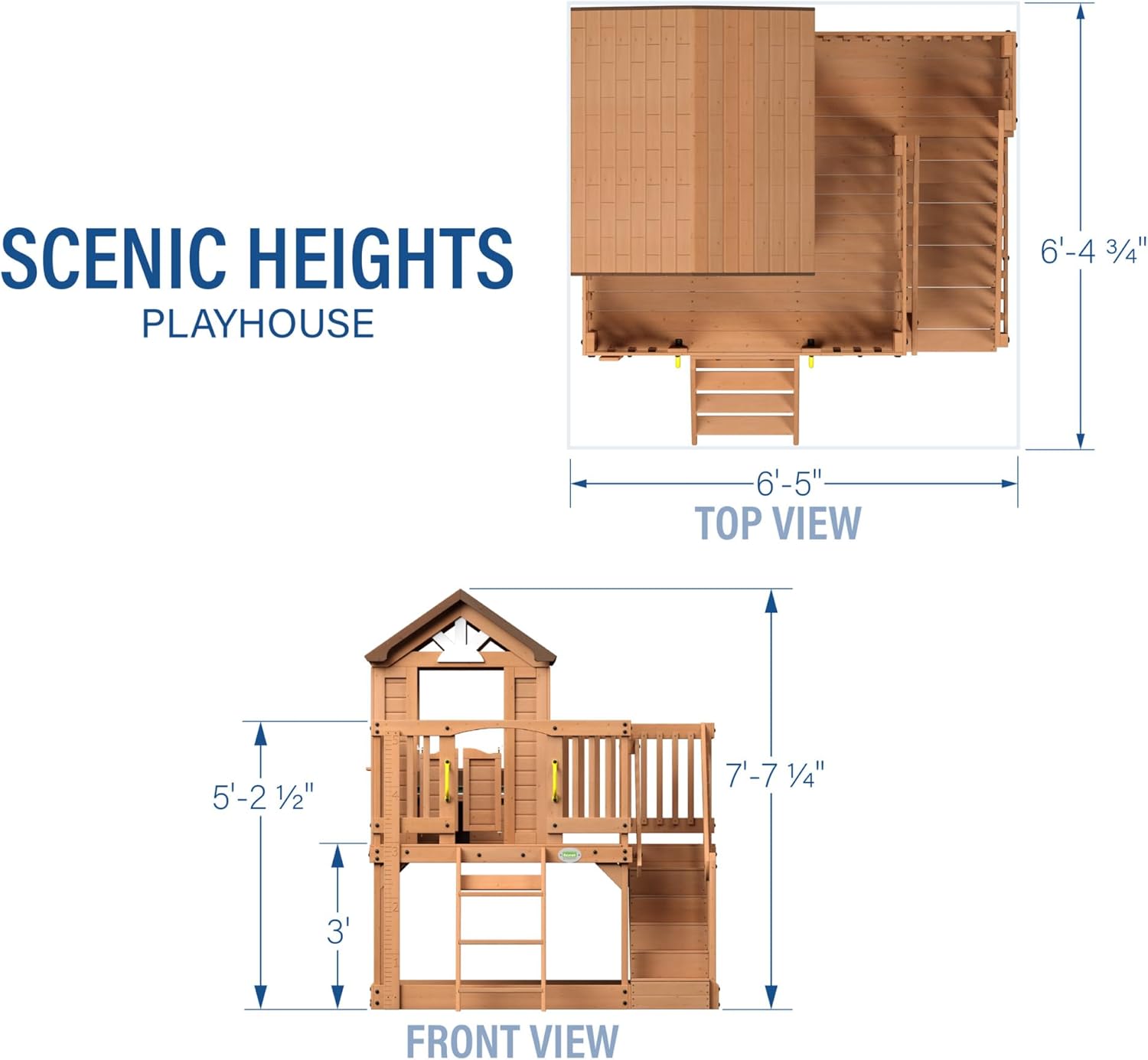 Elevated cedar wooden playhouse with integrated play kitchen, wrap-around deck, and saloon-style doors for outdoor play — view 6