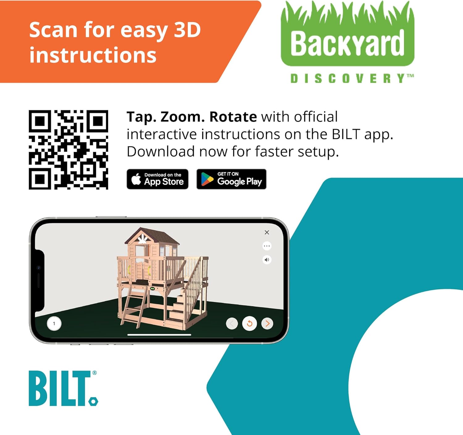 Elevated cedar wooden playhouse with integrated play kitchen, wrap-around deck, and saloon-style doors for outdoor play — view 3a