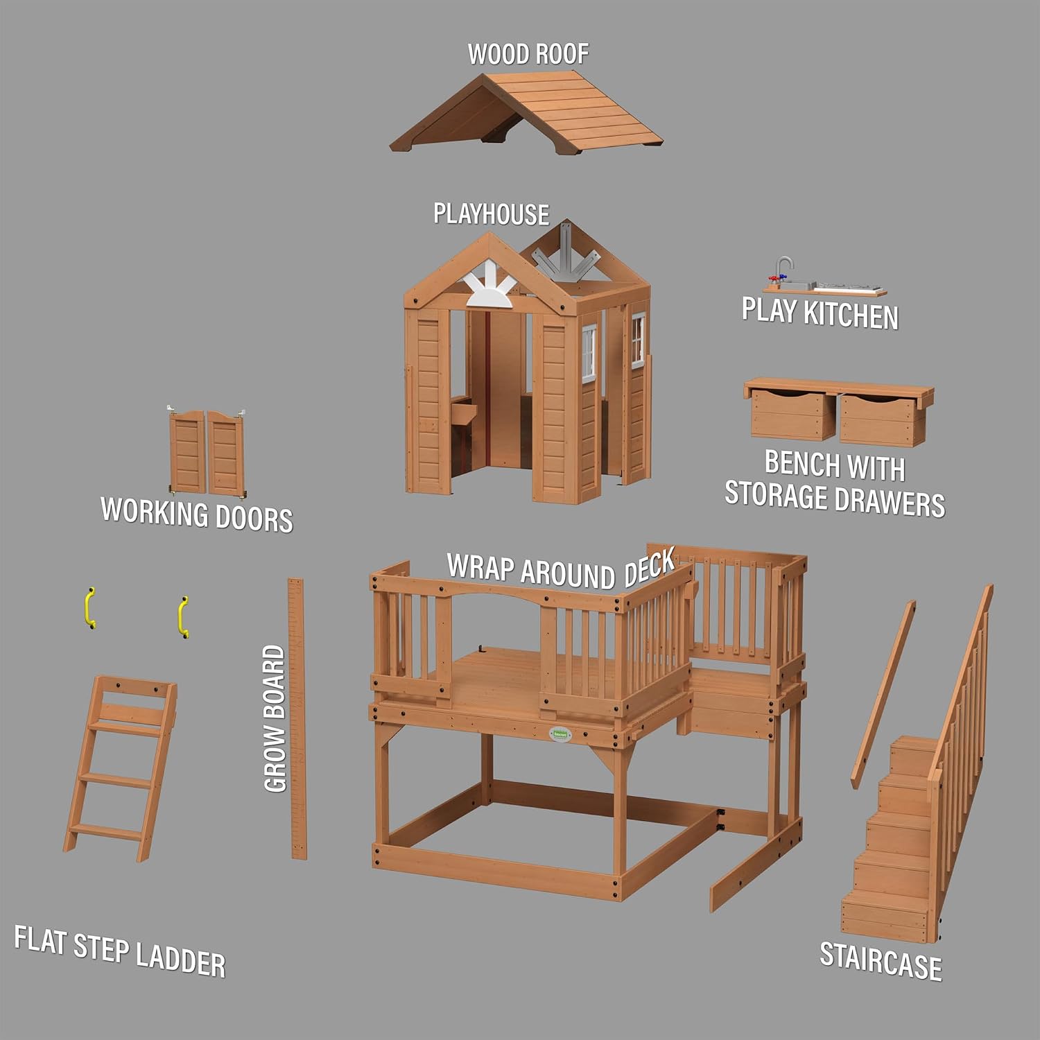 Elevated cedar wooden playhouse with integrated play kitchen, wrap-around deck, and saloon-style doors for outdoor play — view 4