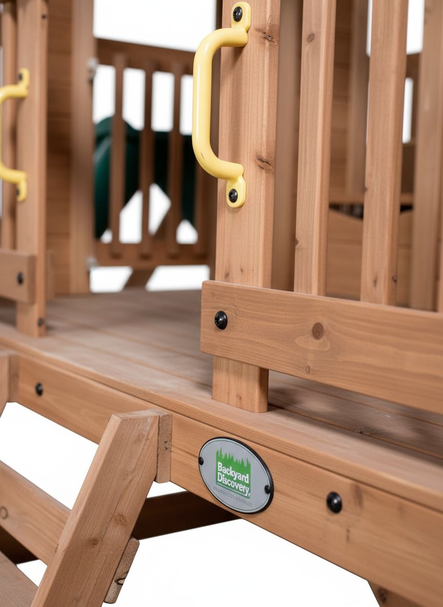 Elevated cedar wooden playhouse with integrated play kitchen, wrap-around deck, and saloon-style doors for outdoor play — view 4