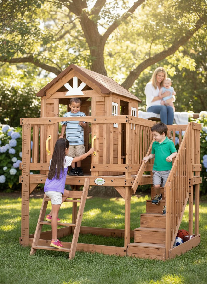 Elevated cedar wooden playhouse with integrated play kitchen, wrap-around deck, and saloon-style doors for outdoor play — view 5a