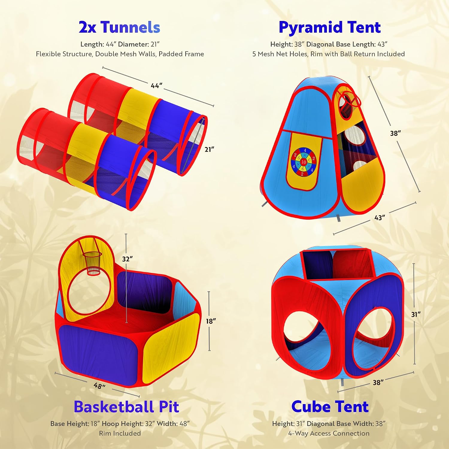 5-piece toddler play tent set with pop-up tent, crawling tunnel, and ball pit in primary colors — view 2
