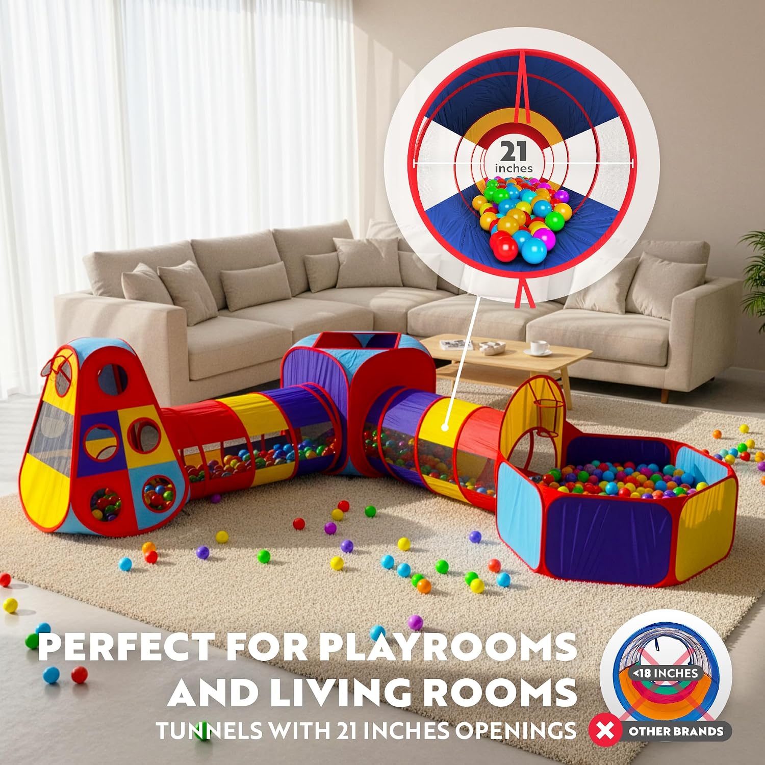 5-piece toddler play tent set with pop-up tent, crawling tunnel, and ball pit in primary colors — view 3