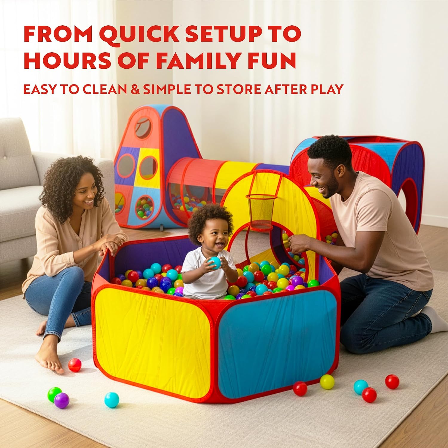 5-piece toddler play tent set with pop-up tent, crawling tunnel, and ball pit in primary colors — view 2