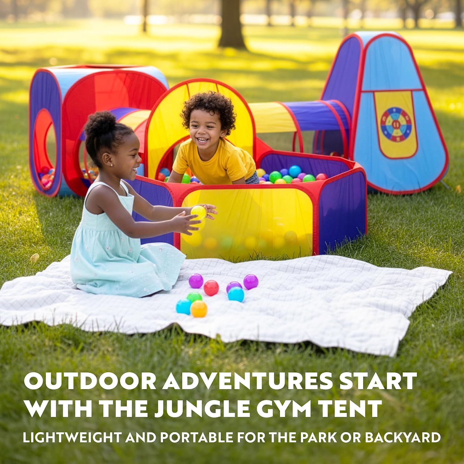 5-piece toddler play tent set with pop-up tent, crawling tunnel, and ball pit in primary colors — view 4