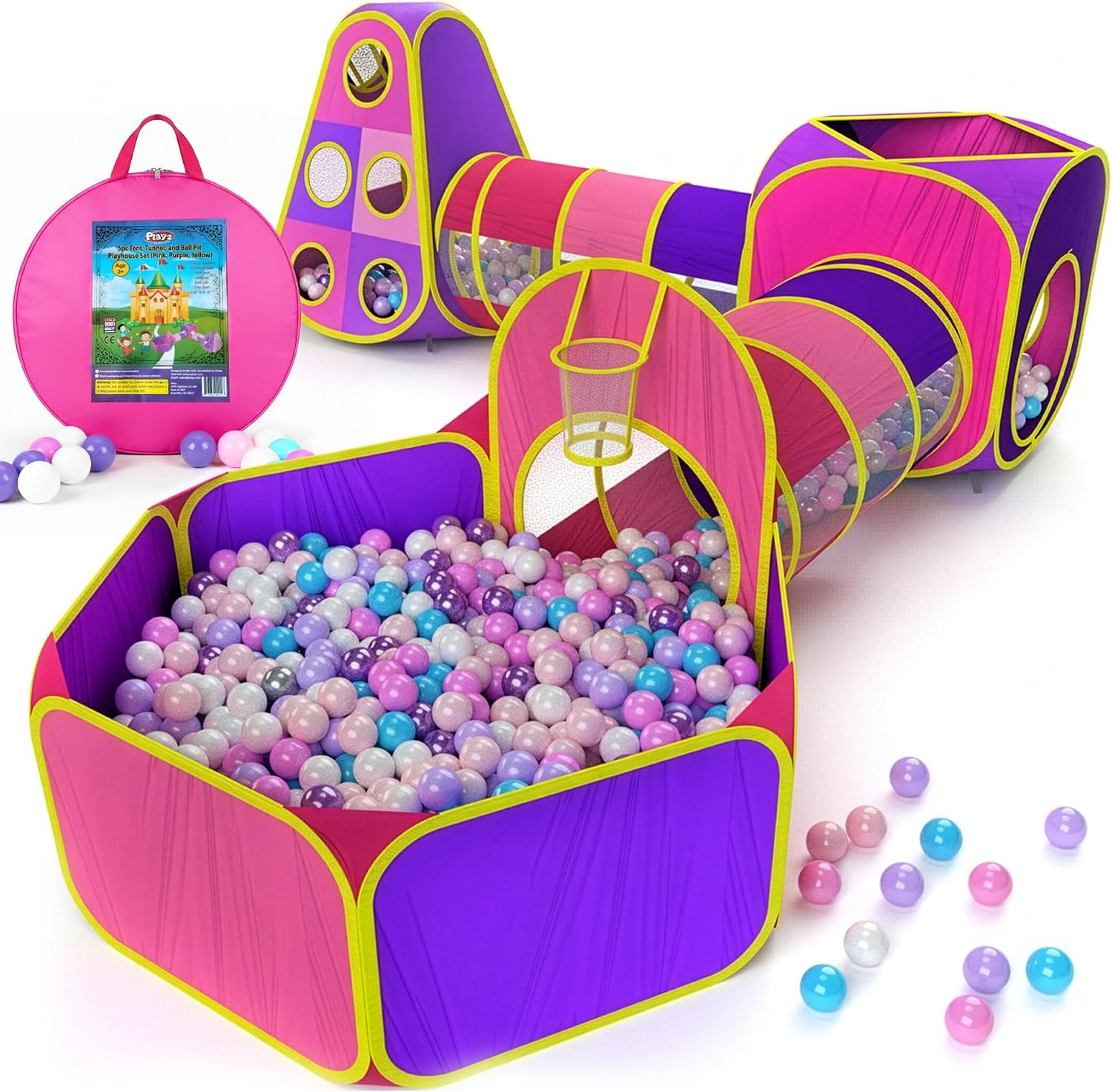 5-piece toddler play tent set with pop-up tent, crawling tunnel, and ball pit in primary colors — view 5a