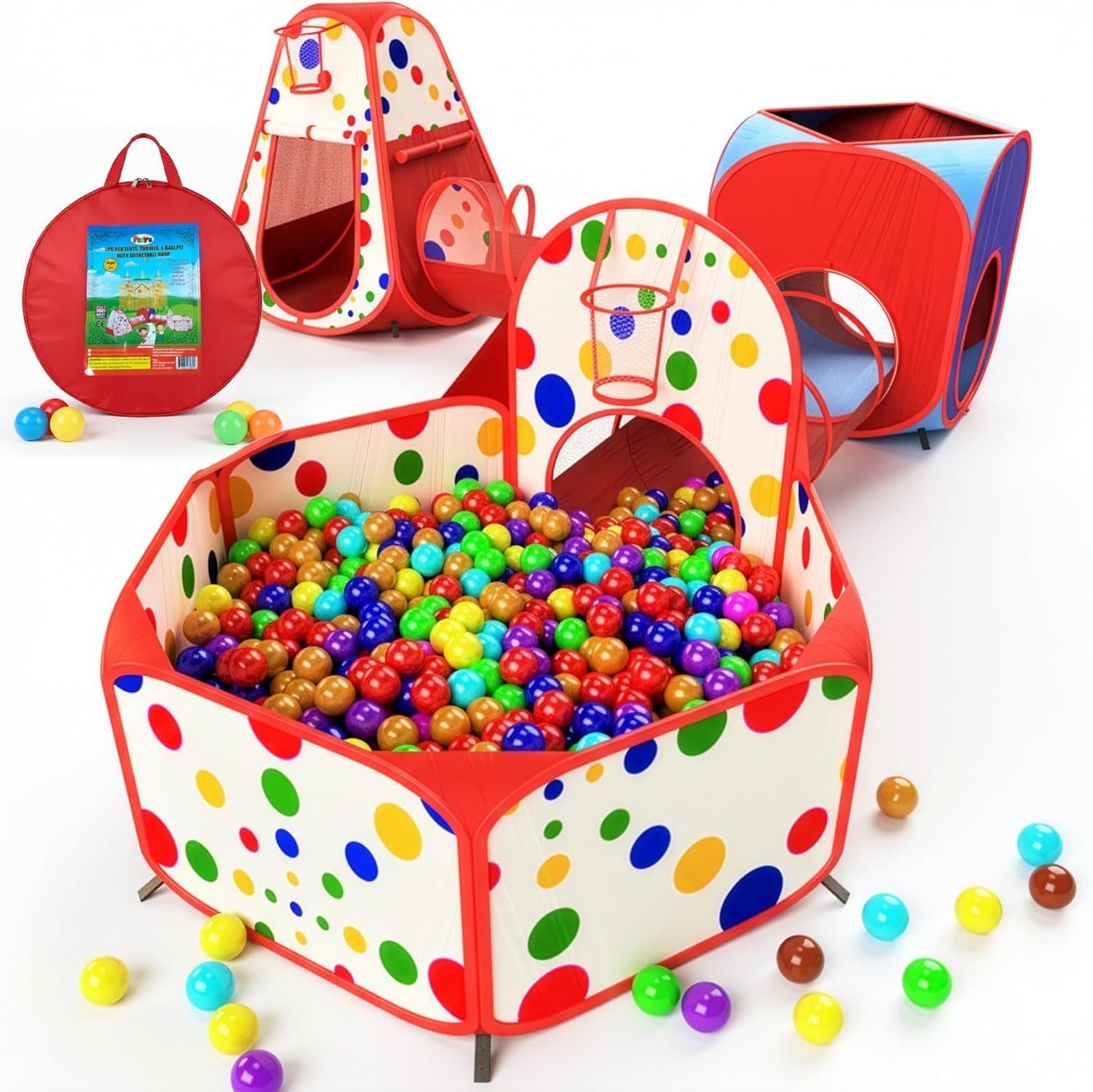 5-piece toddler play tent set with pop-up tent, crawling tunnel, and ball pit in primary colors — view 7a