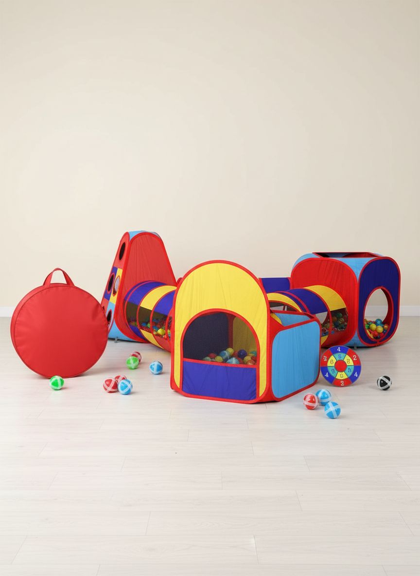 5-piece toddler play tent set with pop-up tent, crawling tunnel, and ball pit in primary colors — view 2