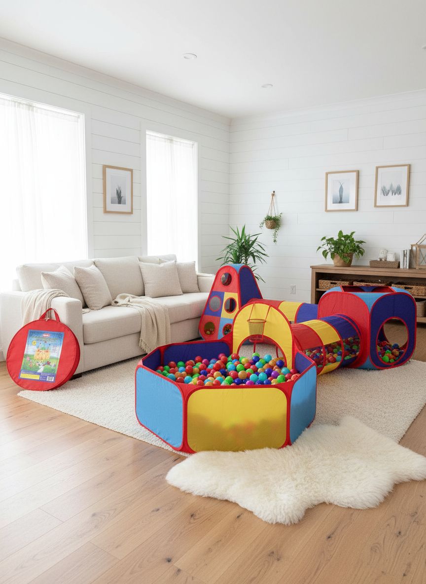 5-piece toddler play tent set with pop-up tent, crawling tunnel, and ball pit in primary colors — view 2