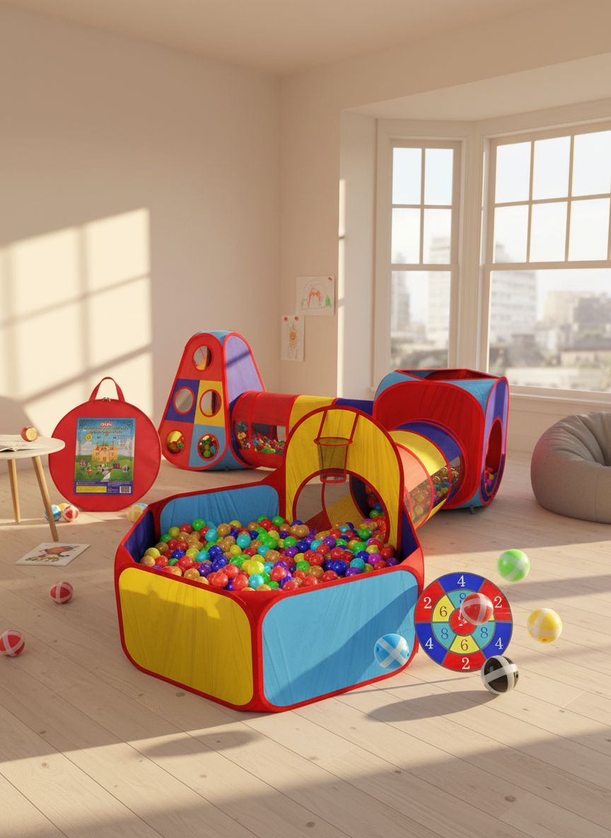 5-piece toddler play tent set with pop-up tent, crawling tunnel, and ball pit in primary colors — view 6