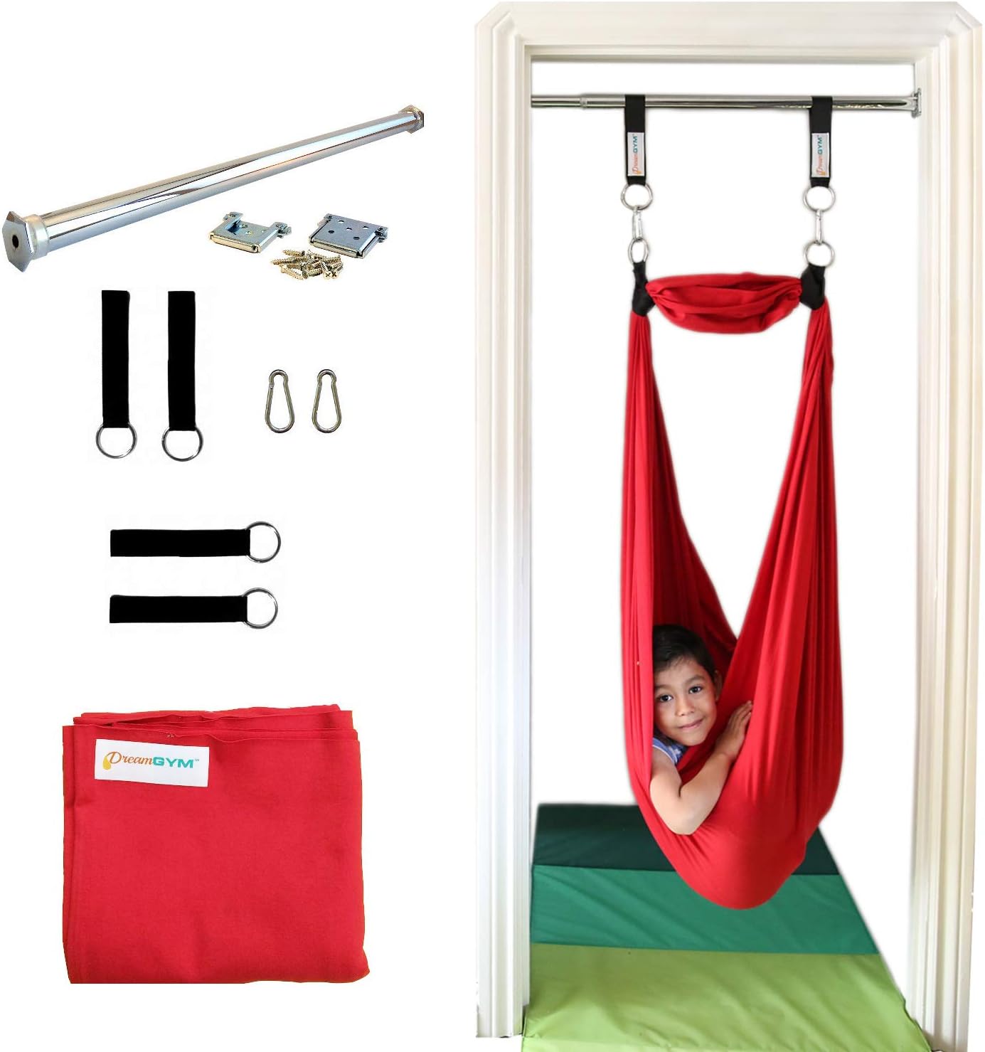 Red cotton compression sensory swing hanging from doorway bar with steel bracket security — view 1
