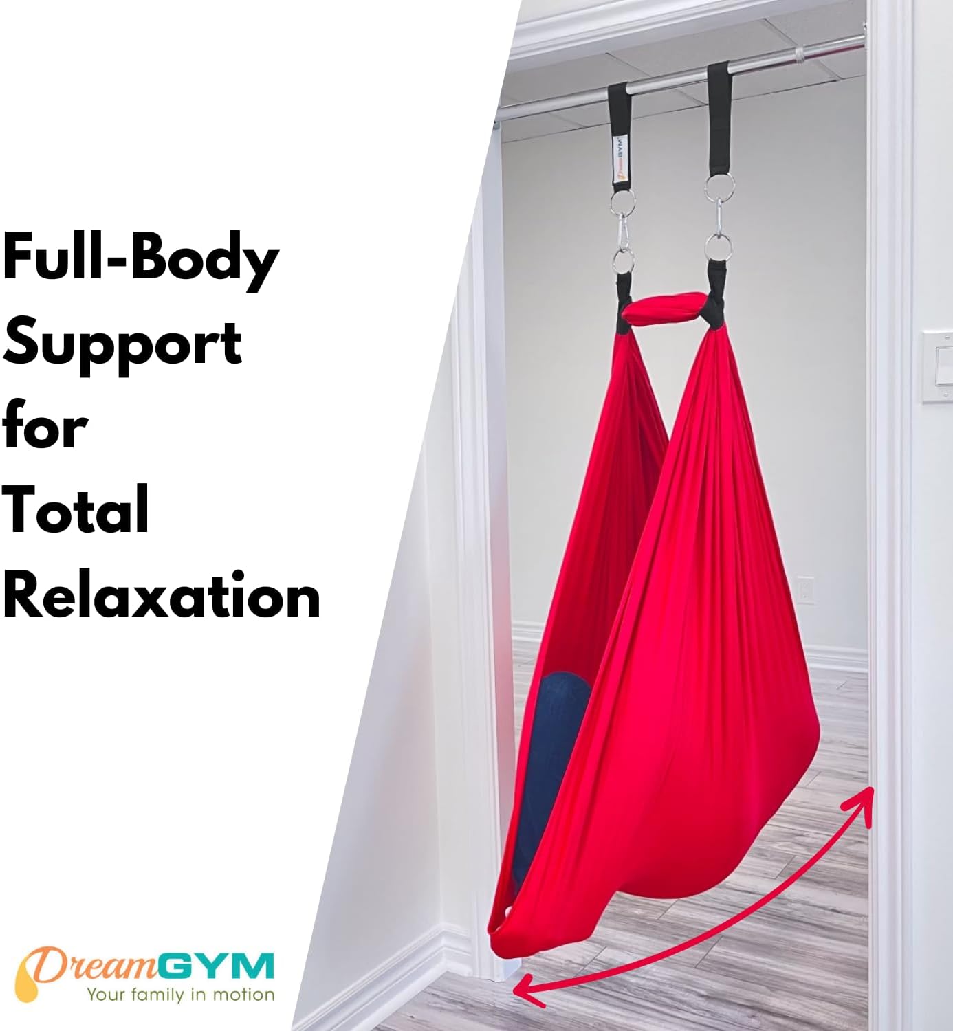 Red cotton compression sensory swing hanging from doorway bar with steel bracket security — view 3
