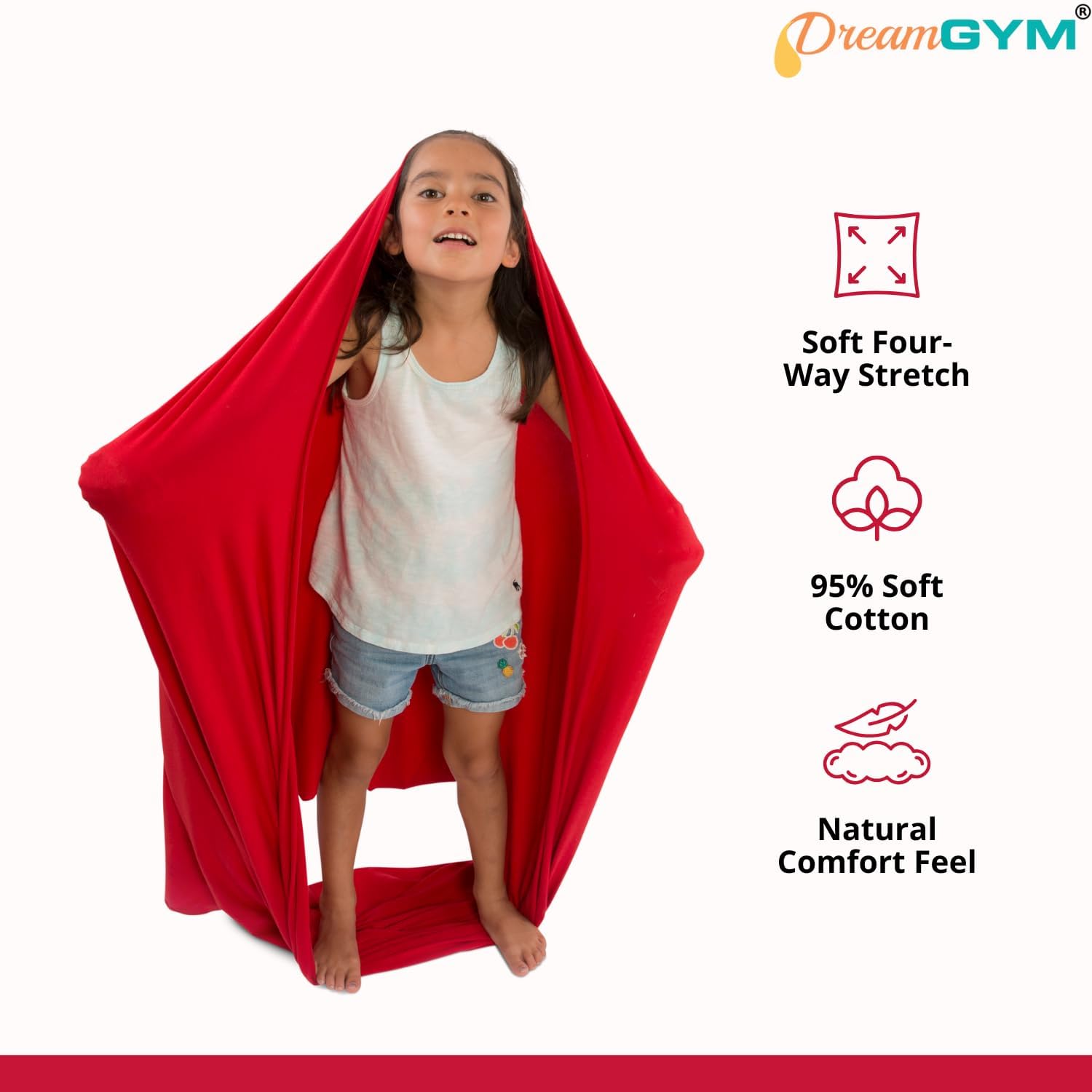 Red cotton compression sensory swing hanging from doorway bar with steel bracket security — view 4