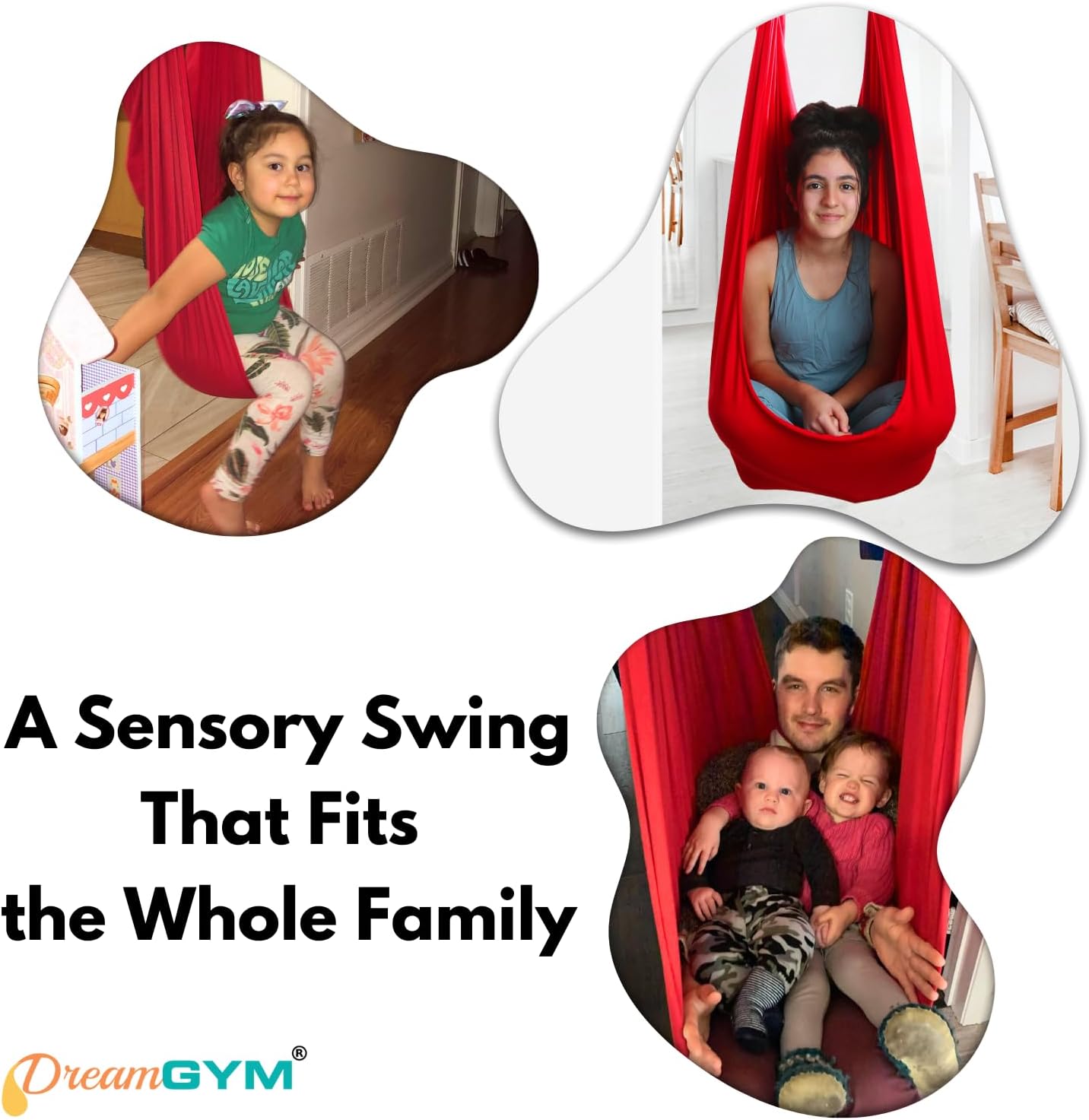 Red cotton compression sensory swing hanging from doorway bar with steel bracket security — view 3