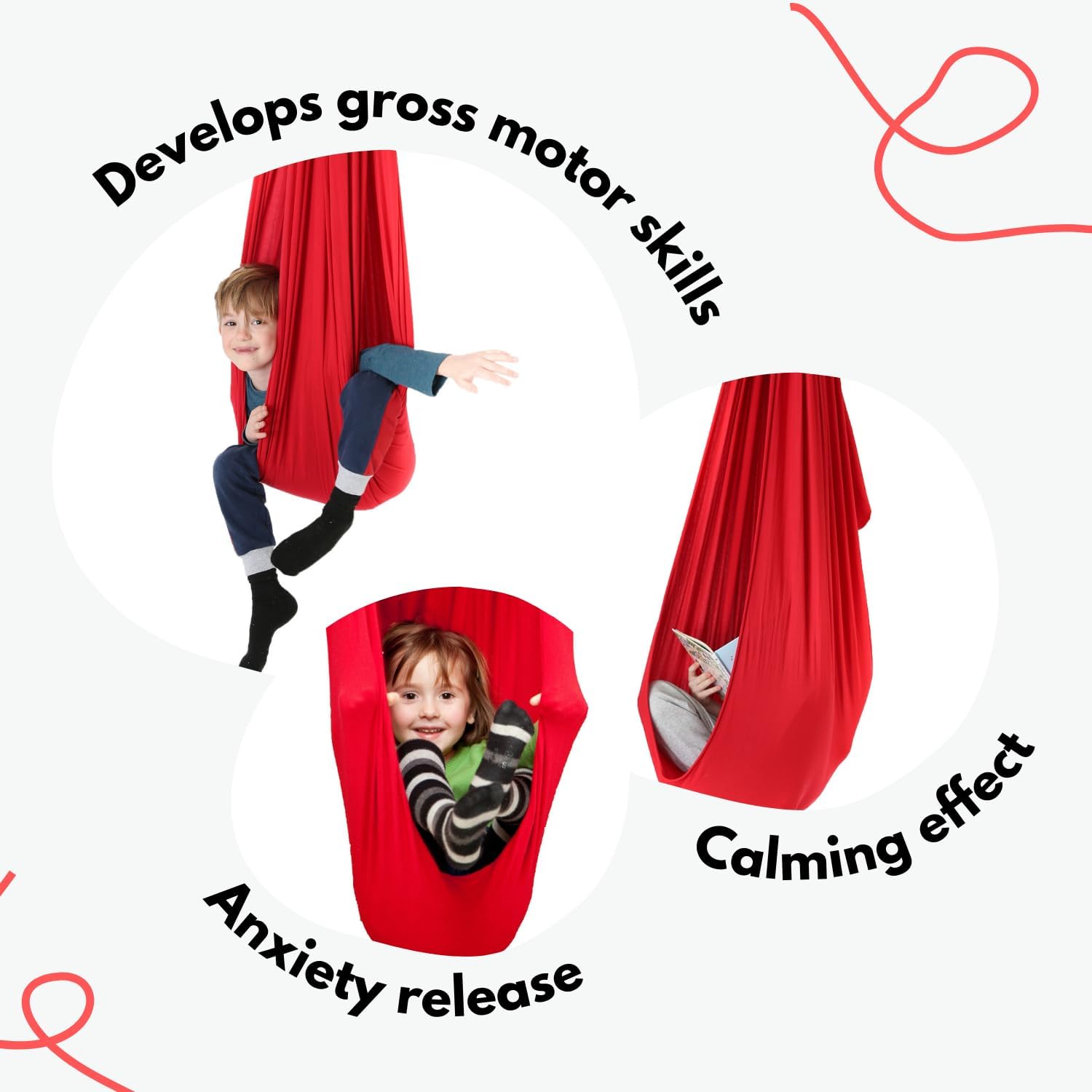Red cotton compression sensory swing hanging from doorway bar with steel bracket security — view 5