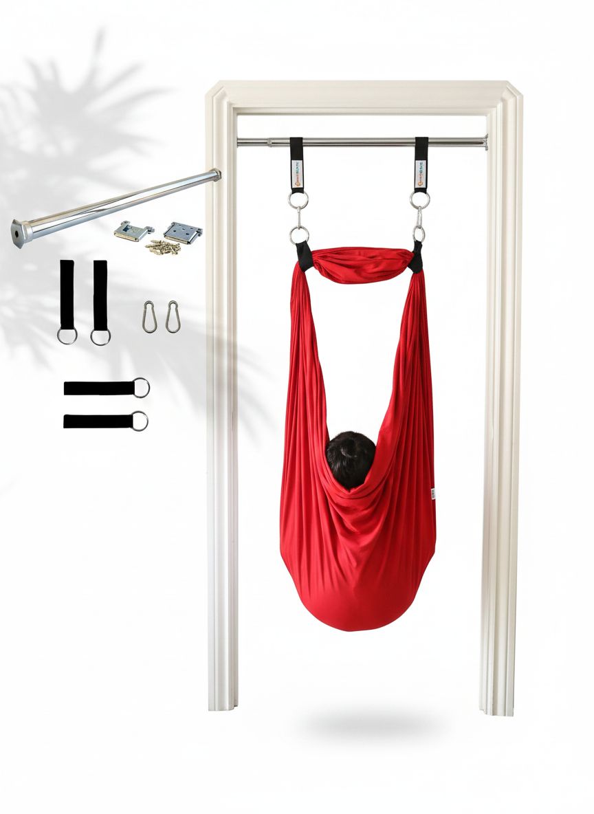 Red cotton compression sensory swing hanging from doorway bar with steel bracket security — view 2