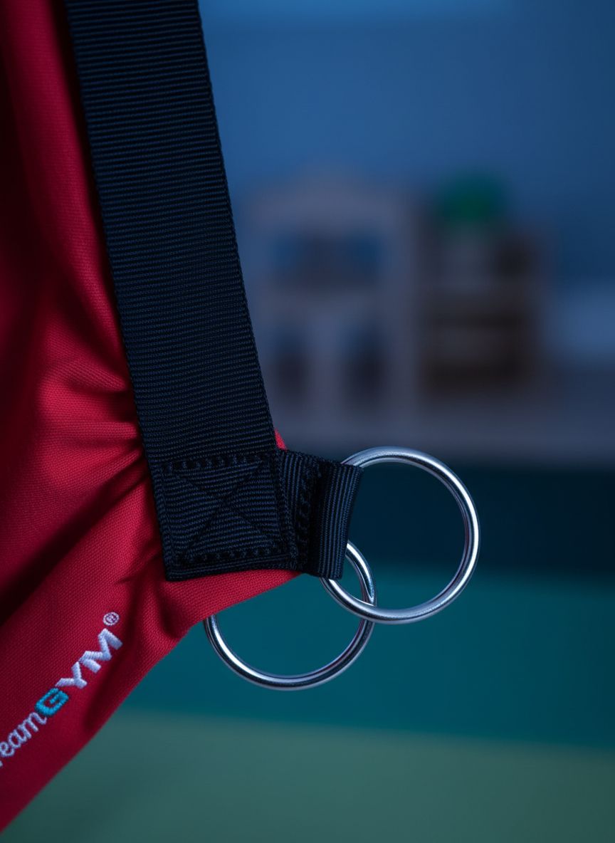 Red cotton compression sensory swing hanging from doorway bar with steel bracket security — view 4