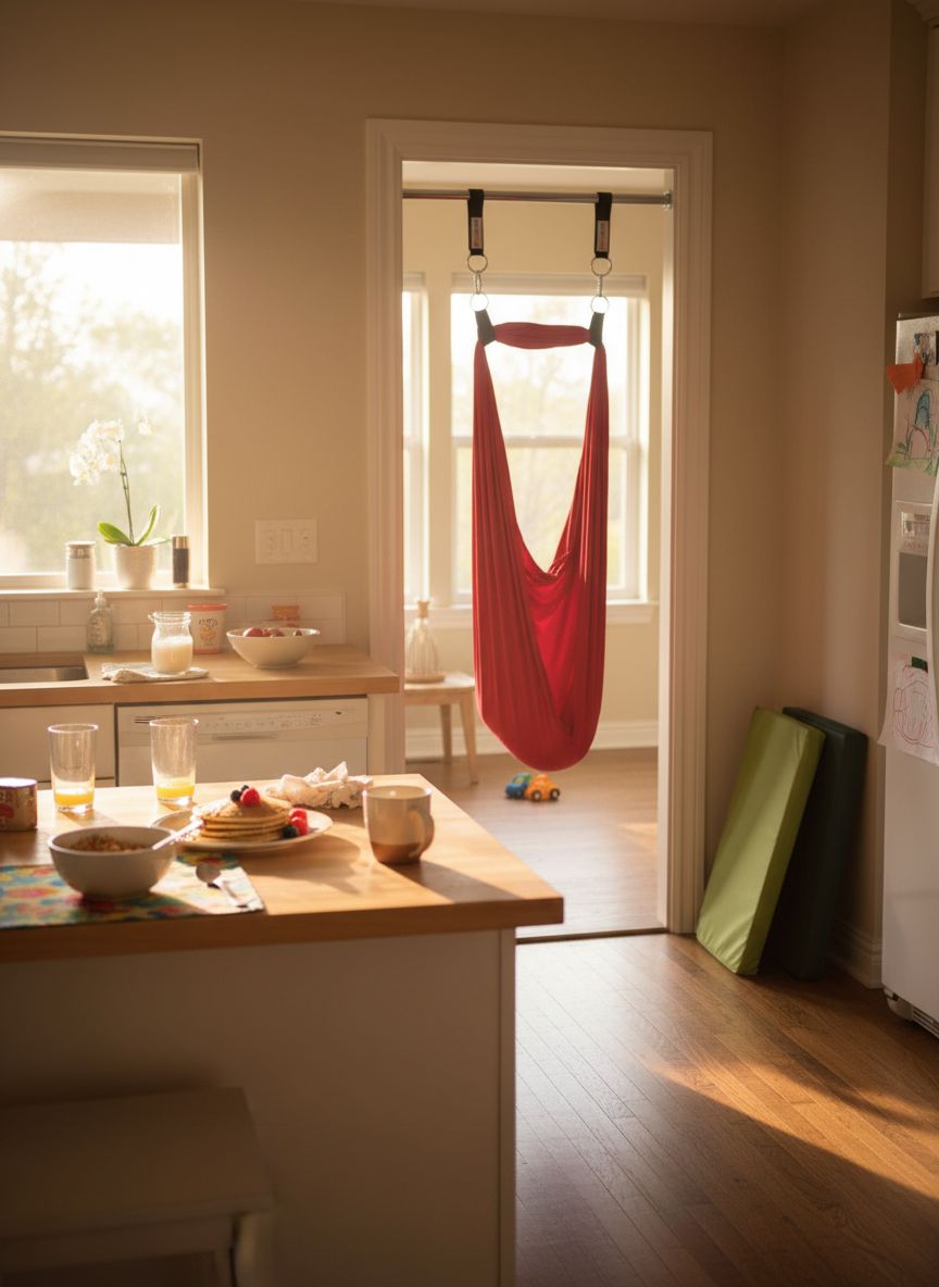 Red cotton compression sensory swing hanging from doorway bar with steel bracket security — view 2