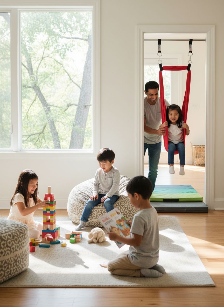 Red cotton compression sensory swing hanging from doorway bar with steel bracket security — view 6
