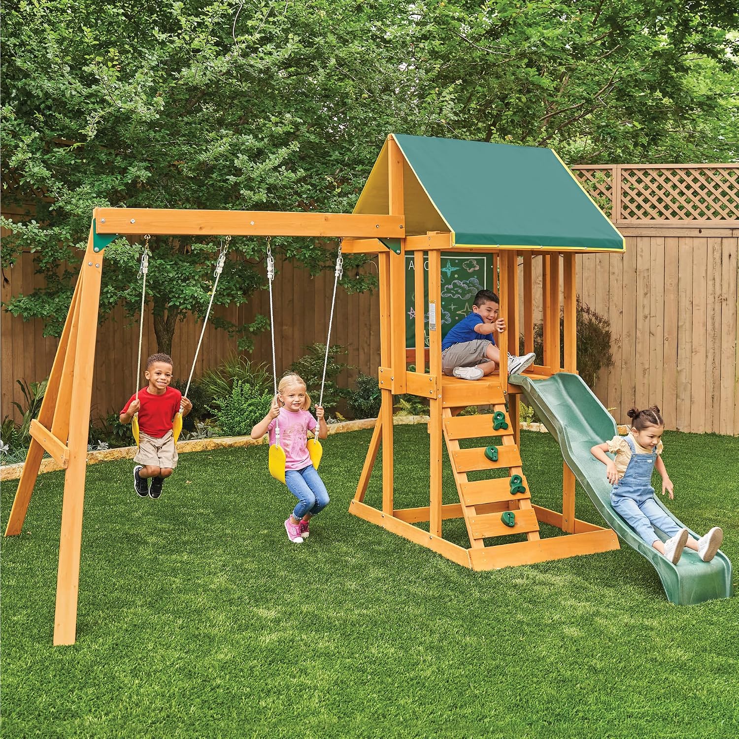 Classic wooden swing set with two swings and sturdy frame for toddler outdoor play — side