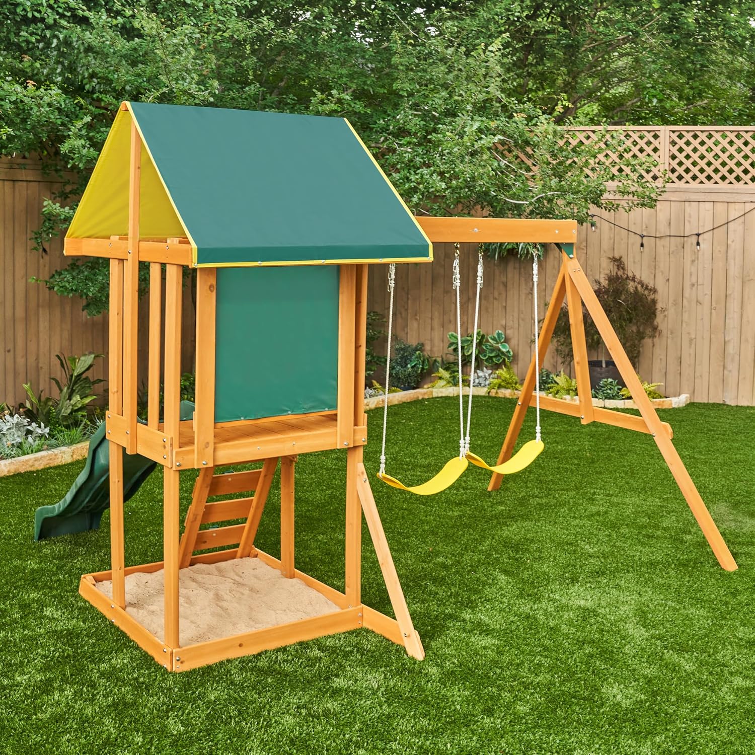 Classic wooden swing set with two swings and sturdy frame for toddler outdoor play — view 2
