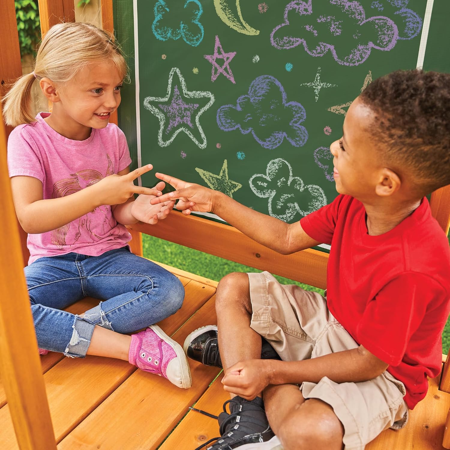 Classic wooden swing set with two swings and sturdy frame for toddler outdoor play — detail