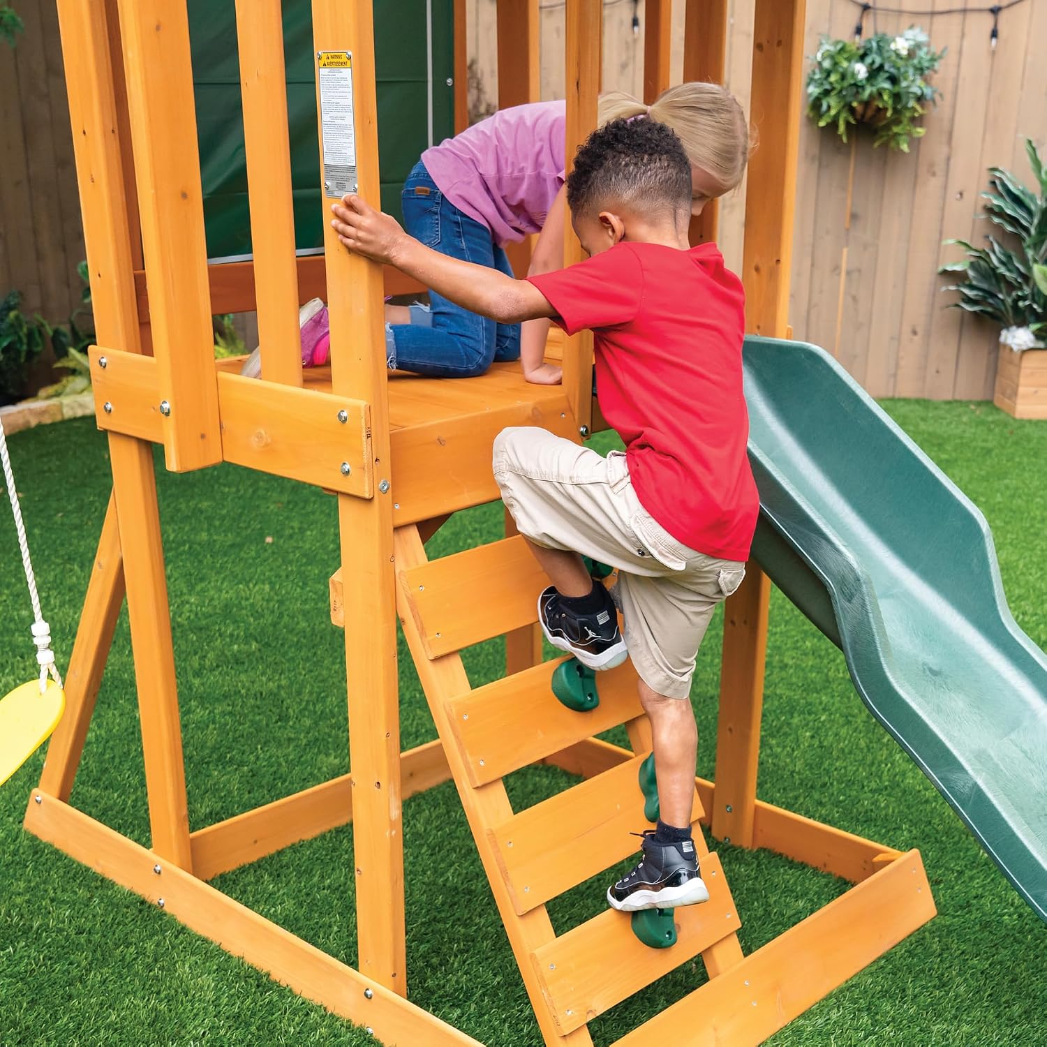 Classic wooden swing set with two swings and sturdy frame for toddler outdoor play — view 4