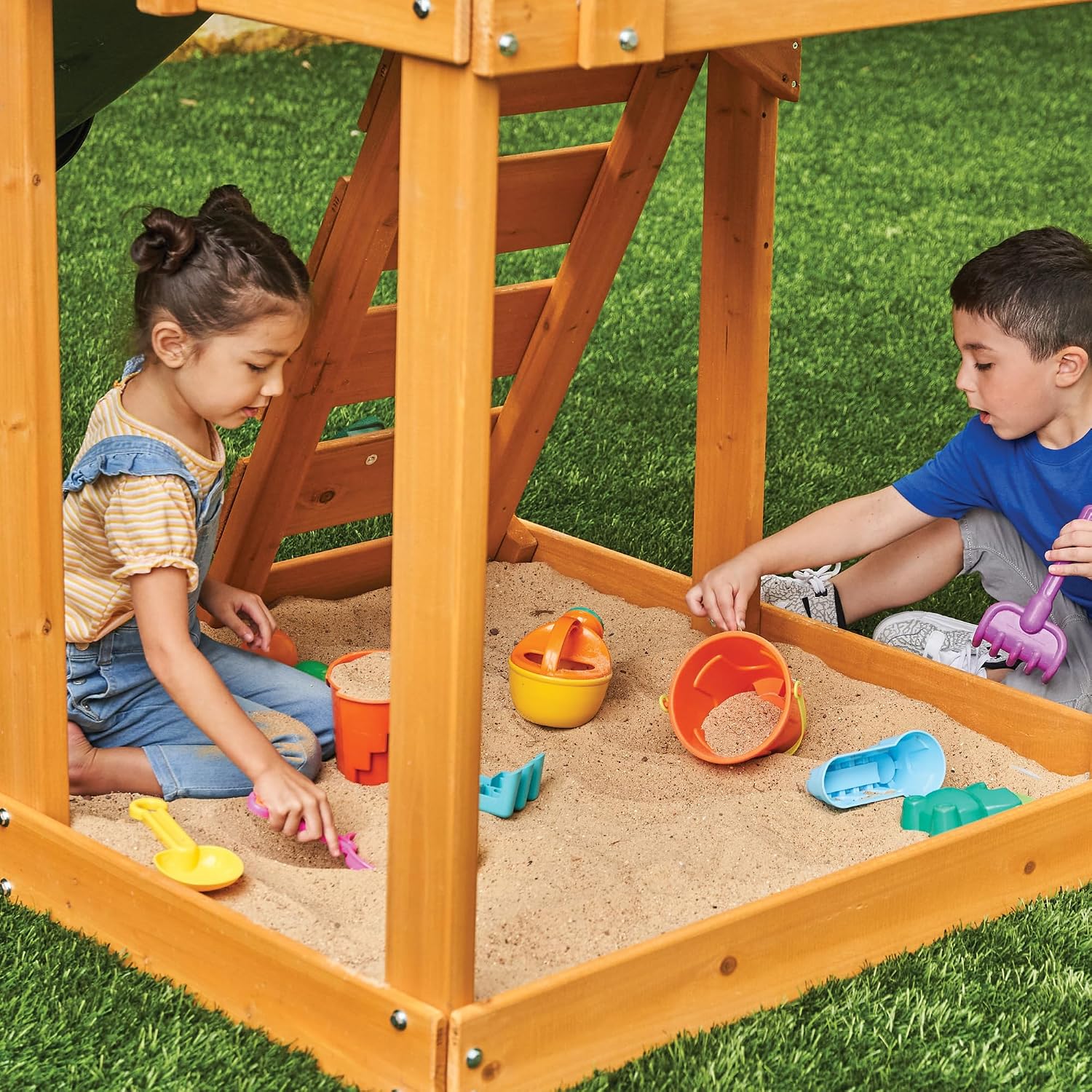 Classic wooden swing set with two swings and sturdy frame for toddler outdoor play — view 2