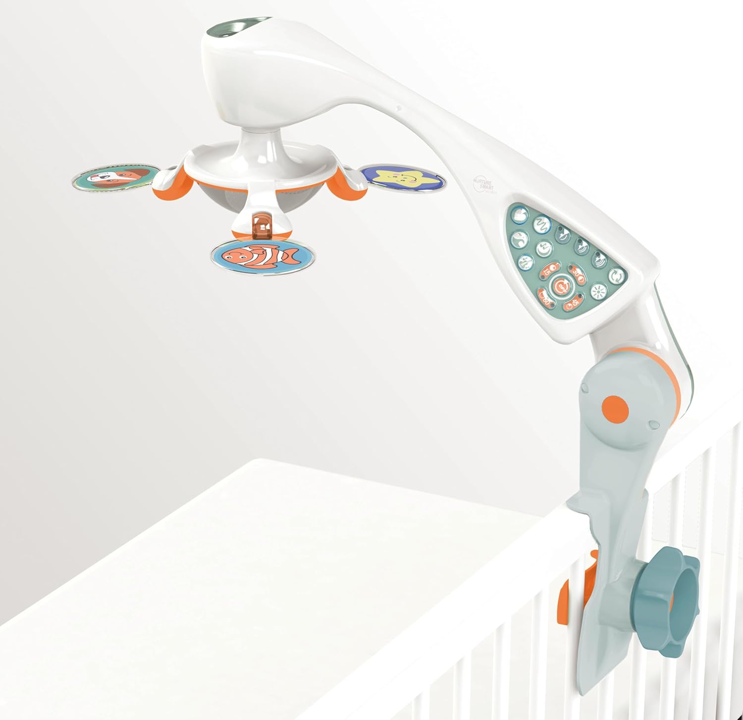 Modern crib mobile with integrated projector and white finish, featuring sound and light options for newborn soothing โ view 1