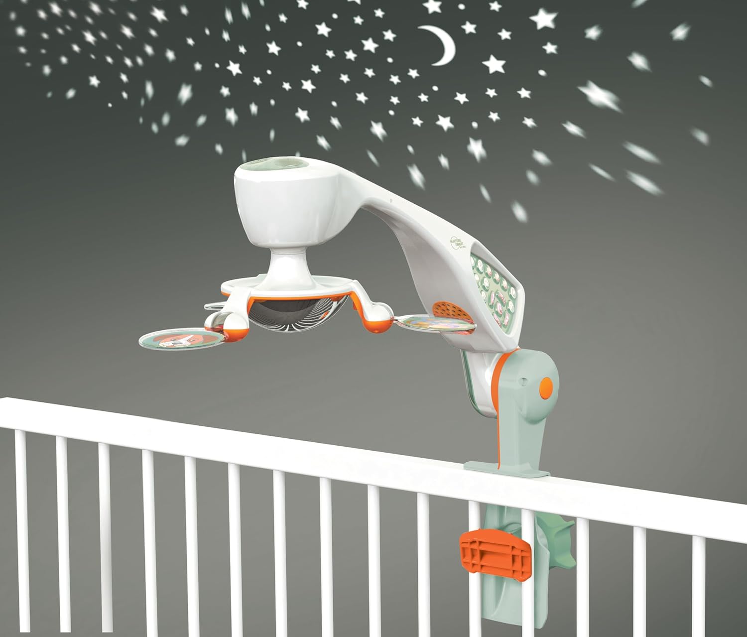 Modern crib mobile with integrated projector and white finish, featuring sound and light options for newborn soothing โ side