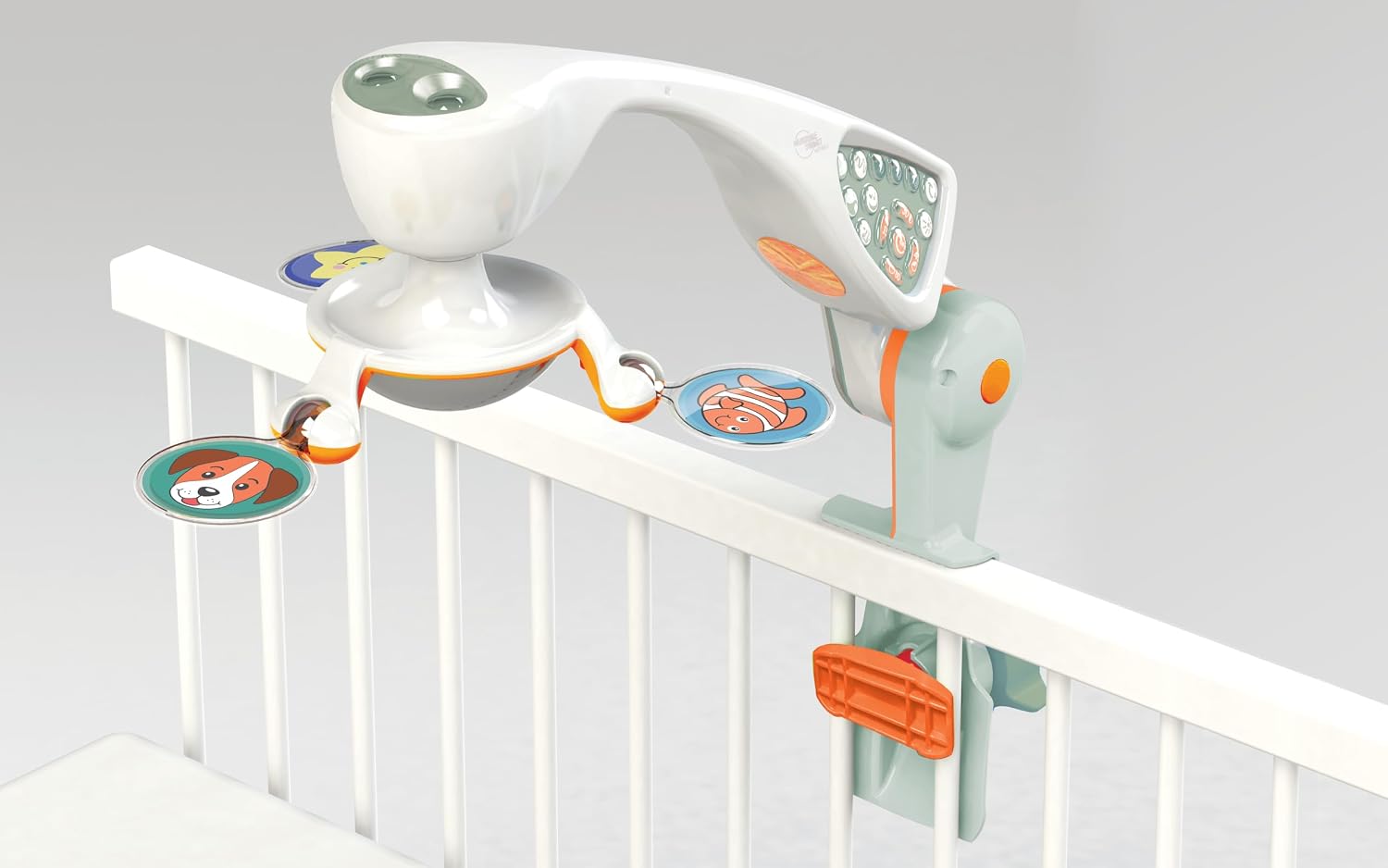 Modern crib mobile with integrated projector and white finish, featuring sound and light options for newborn soothing โ back