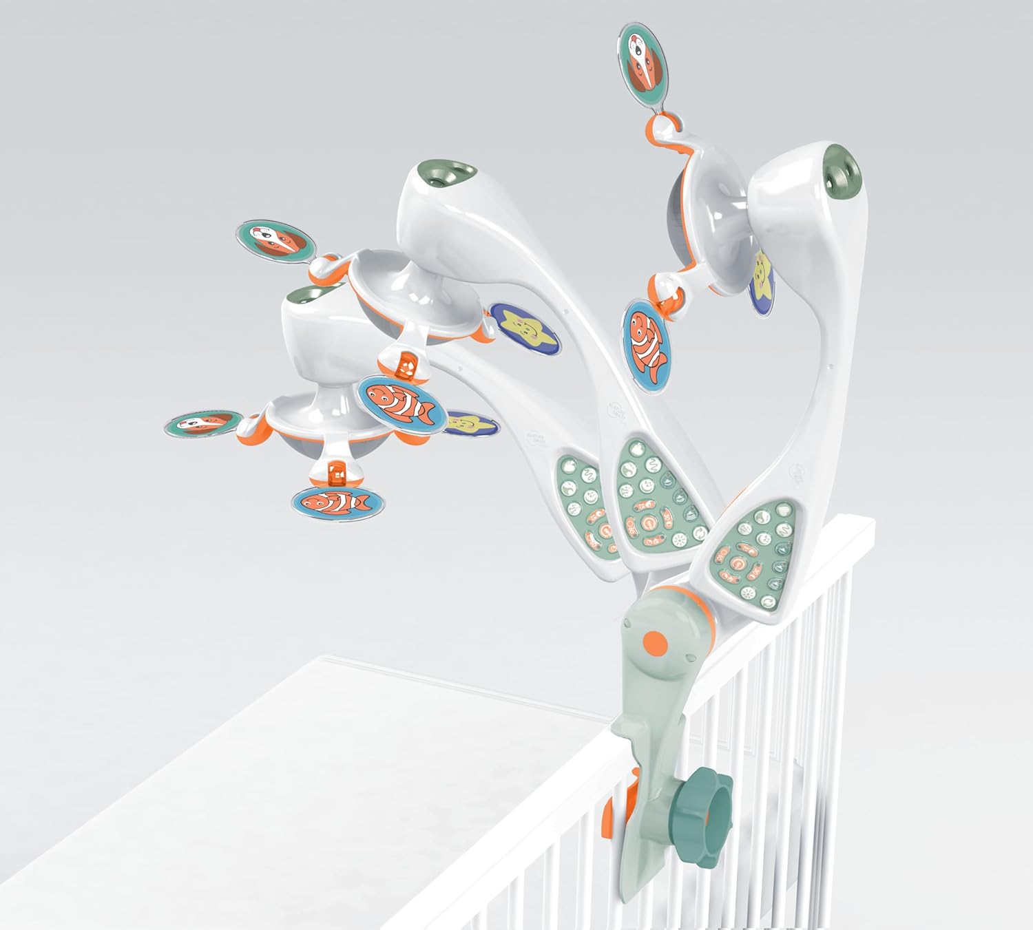 Modern crib mobile with integrated projector and white finish, featuring sound and light options for newborn soothing — view 4