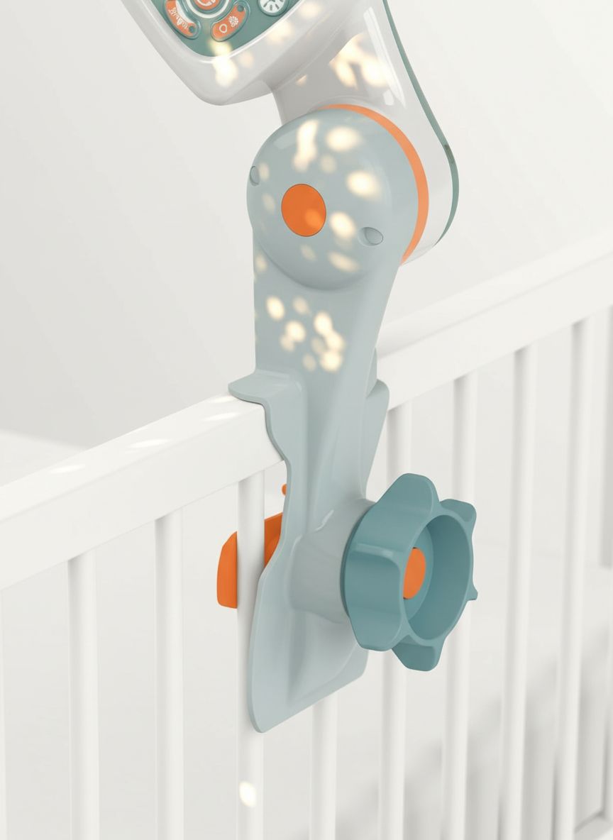 Modern crib mobile with integrated projector and white finish, featuring sound and light options for newborn soothing โ view 4