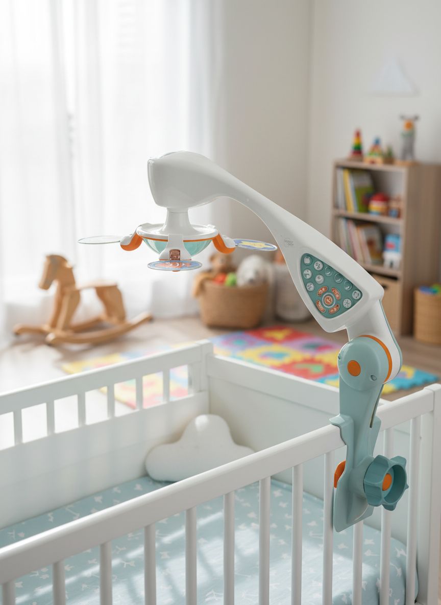 Modern crib mobile with integrated projector and white finish, featuring sound and light options for newborn soothing โ view 2