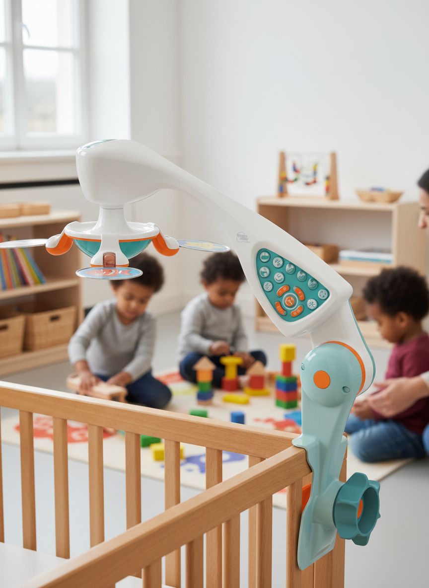 Modern crib mobile with integrated projector and white finish, featuring sound and light options for newborn soothing โ view 3a