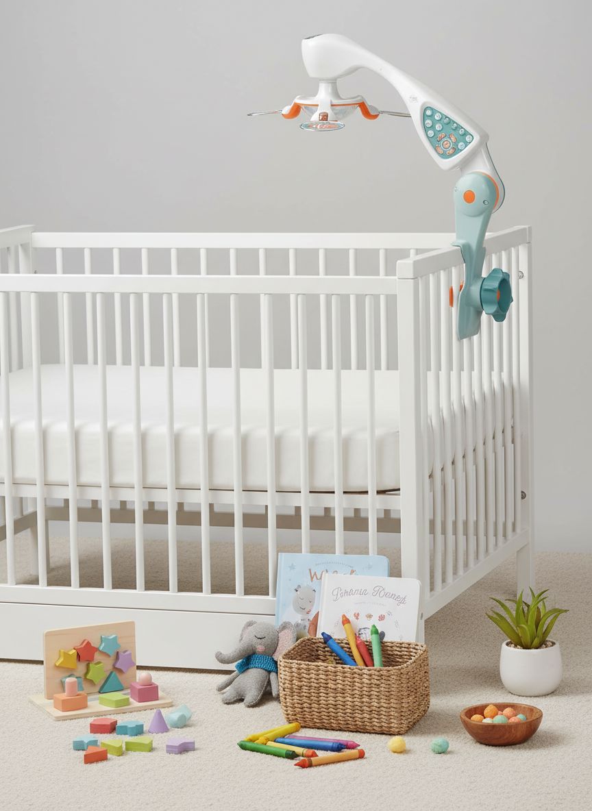 Modern crib mobile with integrated projector and white finish, featuring sound and light options for newborn soothing โ view 5a