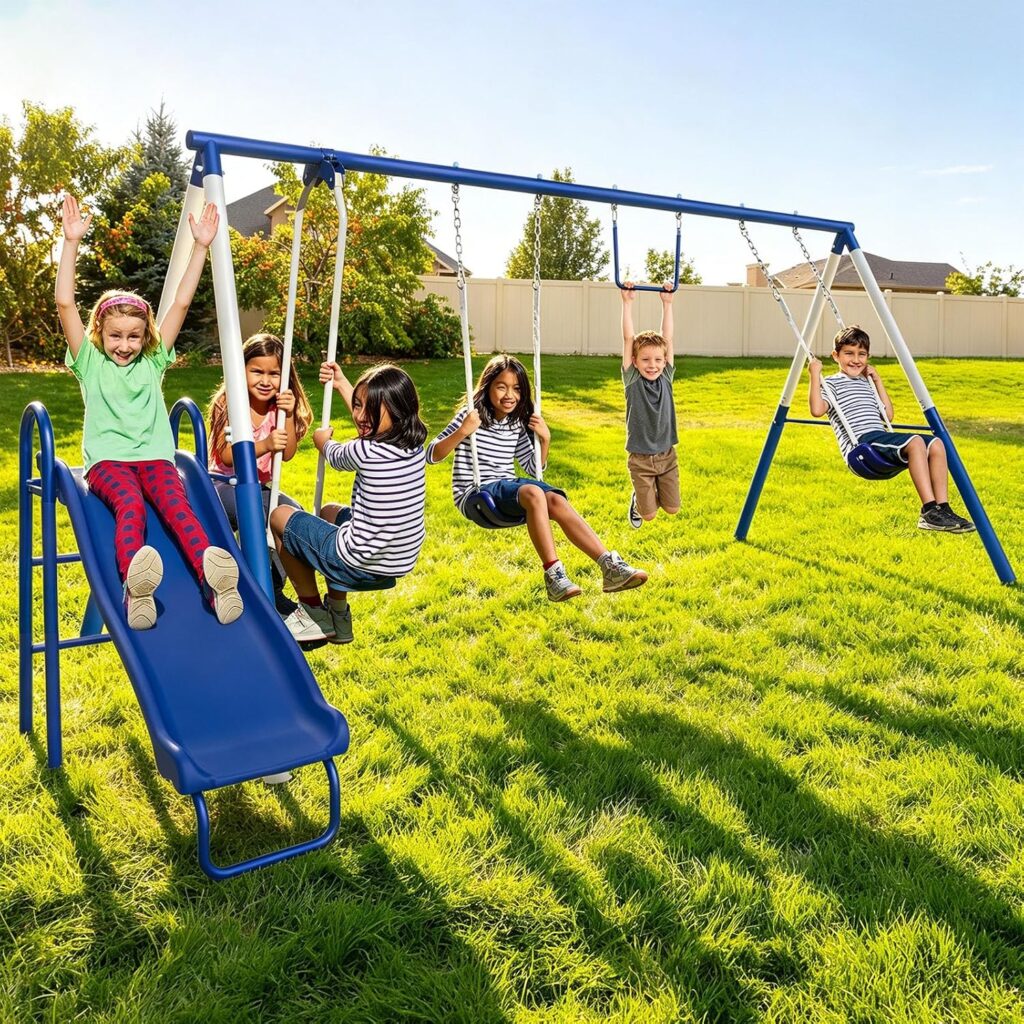 Metal Swing Set with Slide for Kids 5-8 Years