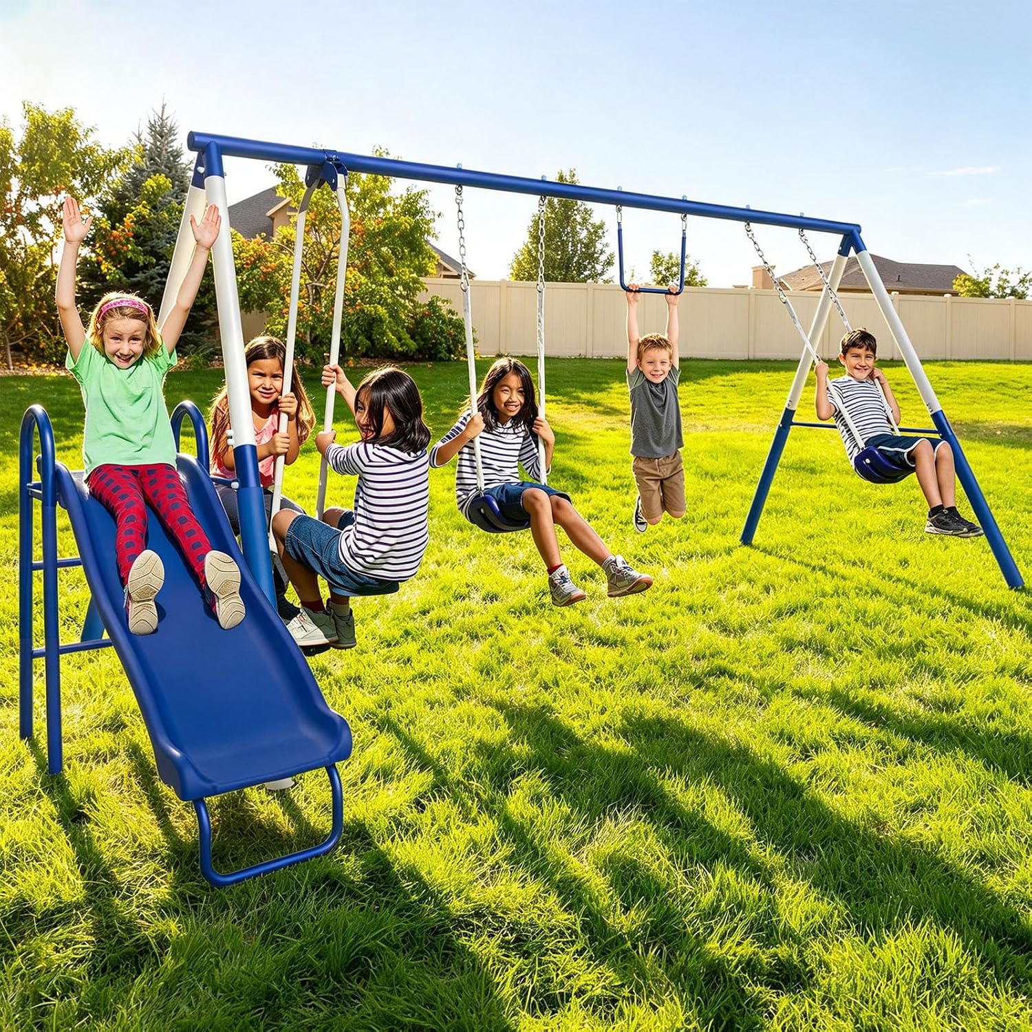 Metal swing set with trapeze bar, 2-person glider swing, and attached slide on steel frame in backyard setting β view 1