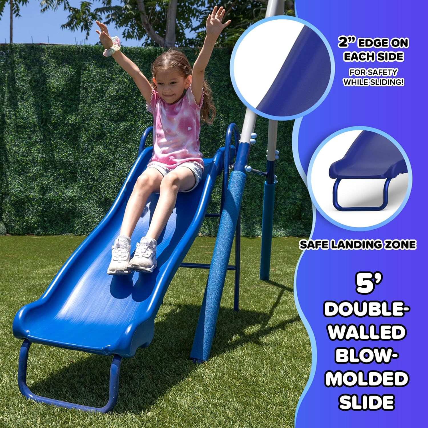 Metal swing set with trapeze bar, 2-person glider swing, and attached slide on steel frame in backyard setting β view 2