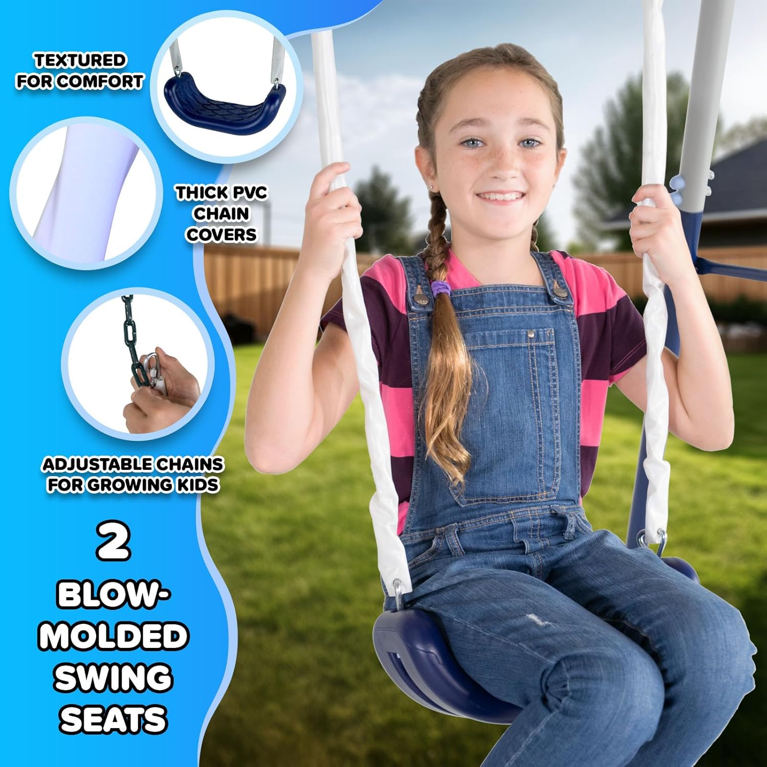 Metal swing set with trapeze bar, 2-person glider swing, and attached slide on steel frame in backyard setting β view 3