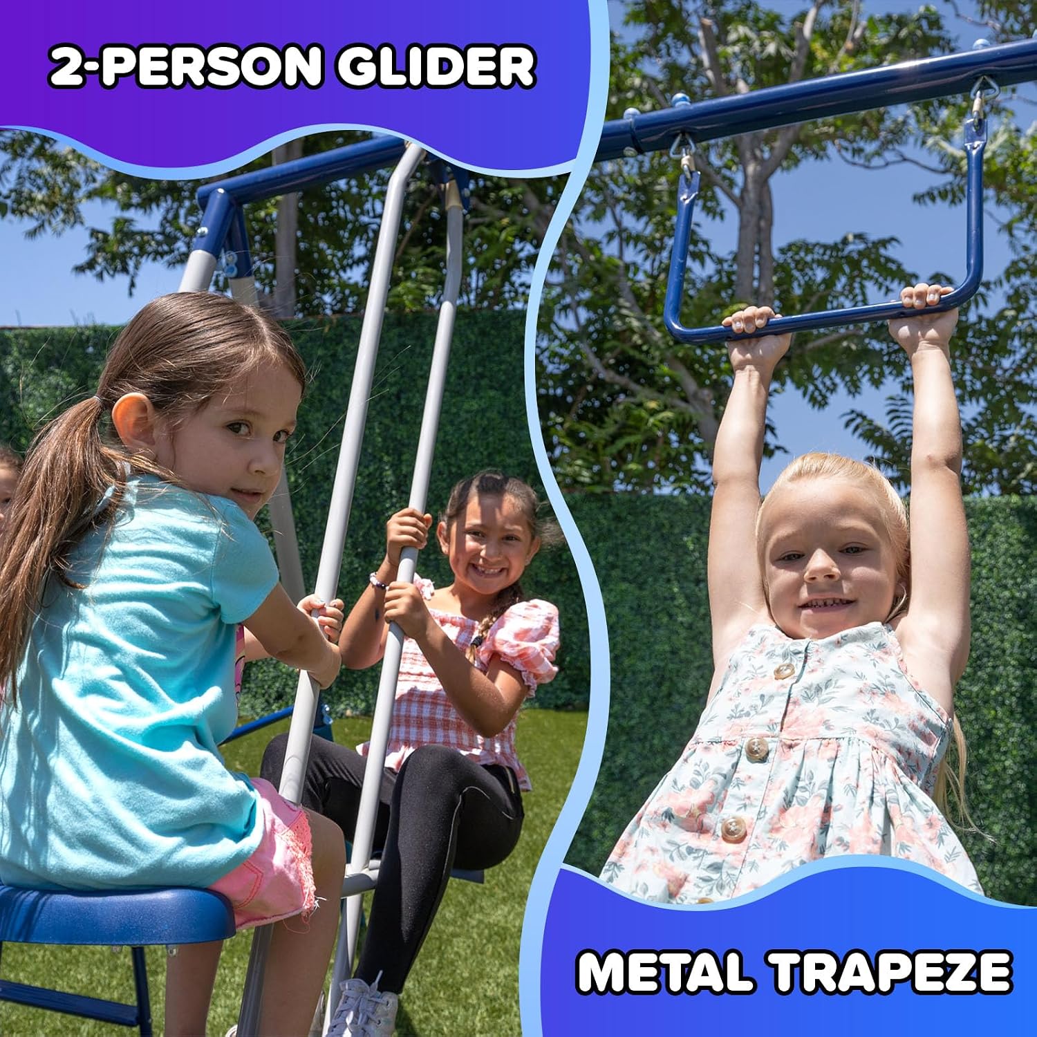 Metal swing set with trapeze bar, 2-person glider swing, and attached slide on steel frame in backyard setting β view 4