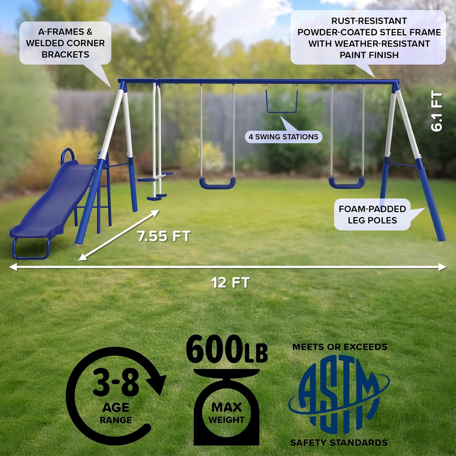 Metal swing set with trapeze bar, 2-person glider swing, and attached slide on steel frame in backyard setting β view 3