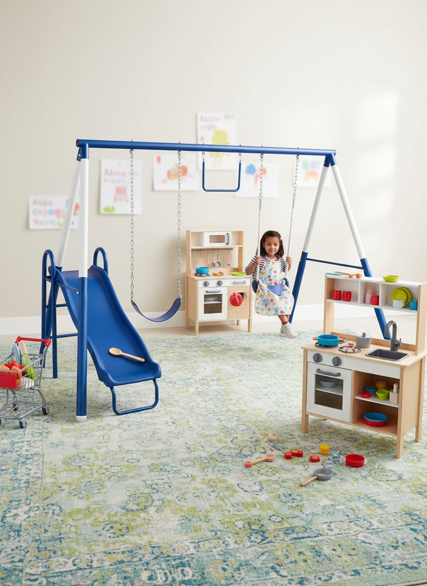 Metal swing set with trapeze bar, 2-person glider swing, and attached slide on steel frame in backyard setting — view 3a