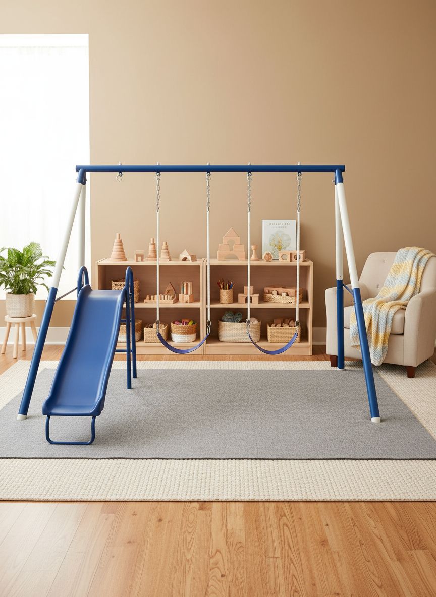 Metal swing set with trapeze bar, 2-person glider swing, and attached slide on steel frame in backyard setting — view 4