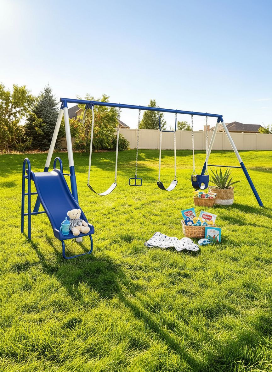 Metal swing set with trapeze bar, 2-person glider swing, and attached slide on steel frame in backyard setting — view 5a